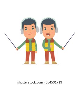 Happy and Intelligent Character Winter Citizen making presentation using pointer. for use in presentations, etc.