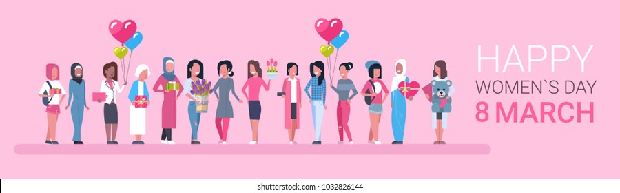 Happy Intenational Womens Day Horizontal Banner Group Of Diverse Girls Over Pink Background Vector Illustration