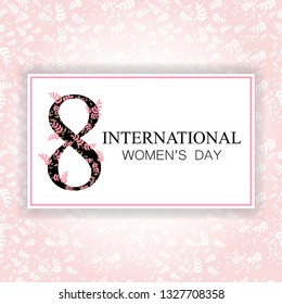 Happy interational women's day greeting card. Postcard on 8 march. Text with flowers on pink background. Vector illustration
