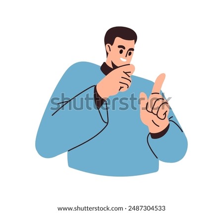 Happy interested man thinking about creative thought, idea. Curious excited character planning, contemplating. Cunning expression, gestures. Flat vector illustration isolated on white background