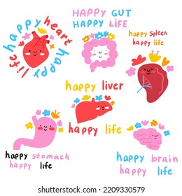 Happy internal organs. Cute characters. Collection of illustrations on white background.