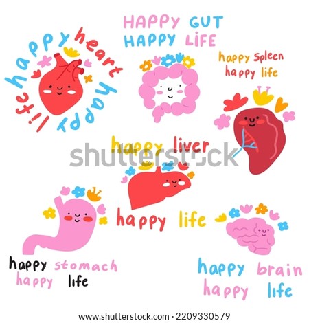 Happy internal organs. Cute characters. Collection of illustrations on white background.