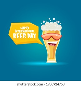 Happy international beer day banner or poster with cartoon funny beer glass friends characters with sunglasses isolated on blue background. International beer day cartoon comic poster