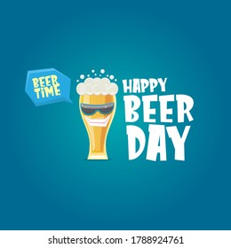Happy international beer day banner or poster with cartoon funny beer glass friends characters with sunglasses isolated on blue background. International beer day cartoon comic poster