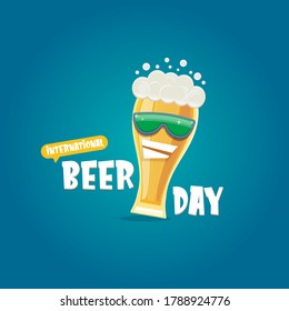 Happy international beer day banner or poster with cartoon funny beer glass friends characters with sunglasses isolated on blue background. International beer day cartoon comic poster