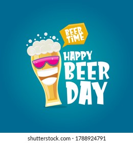 Happy international beer day banner or poster with cartoon funny beer glass friends characters with sunglasses isolated on blue background. International beer day cartoon comic poster