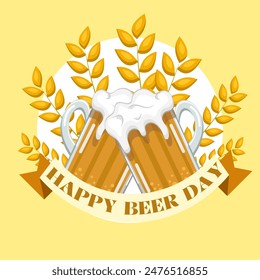 Happy International Beer Day. Cheers beer glasses. Greeting card, poster, banner. Vector illustration