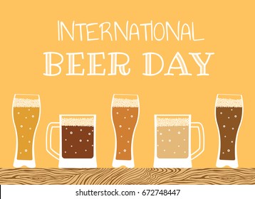Happy International Beer Day. Greetings And Beer Mugs On Yellow Background