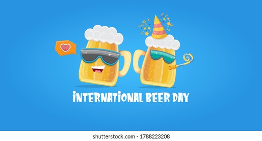 Happy international beer day horizonatal banner with cartoon funny beer glass friends characters with sunglasses isolated on blue background. International beer day cartoon comic poster