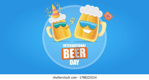 Happy international beer day horizonatal banner with cartoon funny beer glass friends characters with sunglasses isolated on blue background. International beer day cartoon comic poster