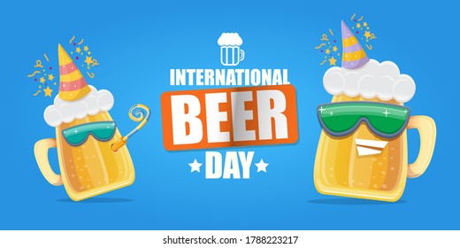 Happy international beer day horizonatal banner with cartoon funny beer glass friends characters with sunglasses isolated on blue background. International beer day cartoon comic poster