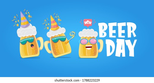 Happy international beer day horizonatal banner with cartoon funny beer glass friends characters with sunglasses isolated on blue background. International beer day cartoon comic poster