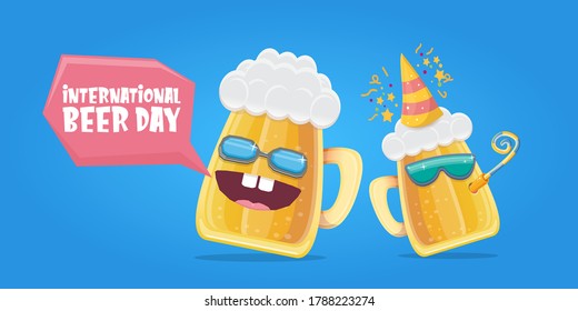 Happy international beer day horizonatal banner with cartoon funny beer glass friends characters with sunglasses isolated on blue background. International beer day cartoon comic poster