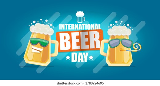 Happy international beer day horizonatal banner with cartoon funny beer glass friends characters with sunglasses isolated on blue background. International beer day cartoon comic poster