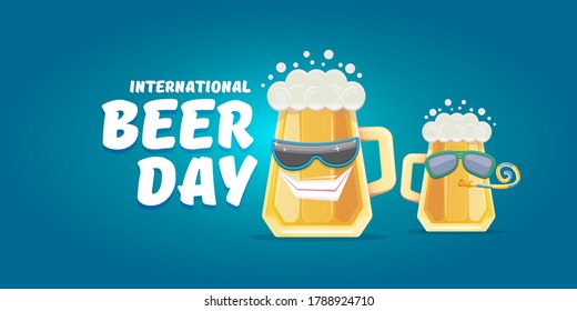 Happy international beer day horizonatal banner with cartoon funny beer glass friends characters with sunglasses isolated on blue background. International beer day cartoon comic poster
