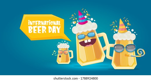 Happy international beer day horizonatal banner with cartoon funny beer glass friends characters with sunglasses isolated on blue background. International beer day cartoon comic poster