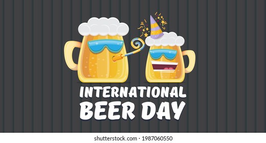 Happy international beer day horizonatal banner with cartoon funny beer glass friends characters with sunglasses isolated on grey background. International beer day cartoon comic poster