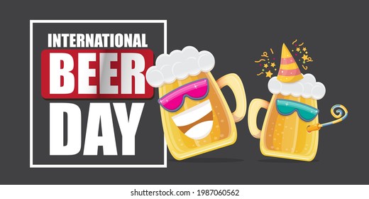 Happy international beer day horizonatal banner with cartoon funny beer glass friends characters with sunglasses isolated on grey background. International beer day cartoon comic poster