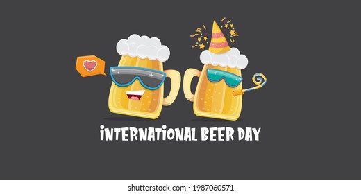 Happy international beer day horizonatal banner with cartoon funny beer glass friends characters with sunglasses isolated on grey background. International beer day cartoon comic poster