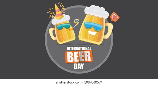 Happy international beer day horizonatal banner with cartoon funny beer glass friends characters with sunglasses isolated on grey background. International beer day cartoon comic poster