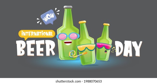 Happy international beer day horizonatal banner with cartoon funny beer bottles friends characters with sunglasses isolated on grey background. International beer day cartoon comic poster