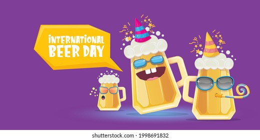 Happy international beer day horizonatal banner with cartoon funny beer glass friends characters with sunglasses isolated on violet  background. International beer day cartoon comic poster