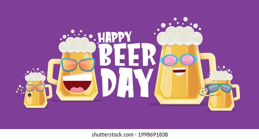 Happy international beer day horizonatal banner with cartoon funny beer glass friends characters with sunglasses isolated on violet  background. International beer day cartoon comic poster