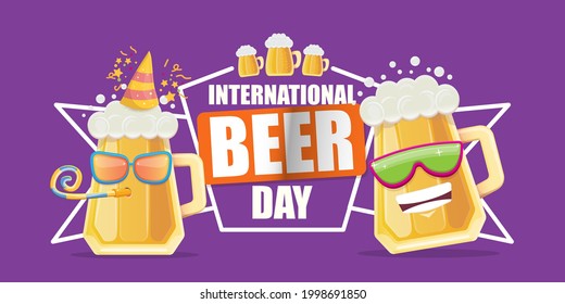 Happy international beer day horizonatal banner with cartoon funny beer glass friends characters with sunglasses isolated on violet  background. International beer day cartoon comic poster