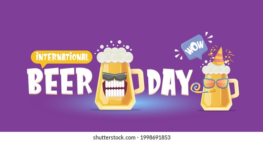Happy international beer day horizonatal banner with cartoon funny beer glass friends characters with sunglasses isolated on violet  background. International beer day cartoon comic poster