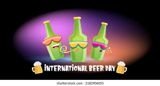 Happy international beer day horizonatal banner with cartoon funny beer bottles friends characters with sunglasses isolated on black background. International beer day cartoon comic poster