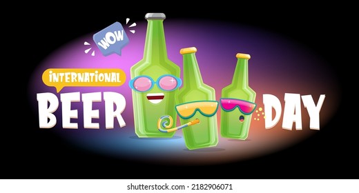 Happy international beer day horizonatal banner with cartoon funny beer bottles friends characters with sunglasses isolated on black background. International beer day cartoon comic poster