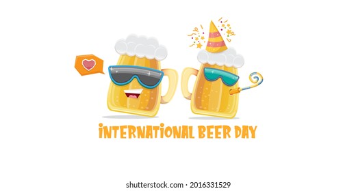 Happy international beer day horizontal banner with cartoon funny beer glass friends characters with sunglasses isolated on white background. International beer day cartoon comic poster
