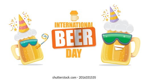 Happy international beer day horizontal banner with cartoon funny beer glass friends characters with sunglasses isolated on white background. International beer day cartoon comic poster