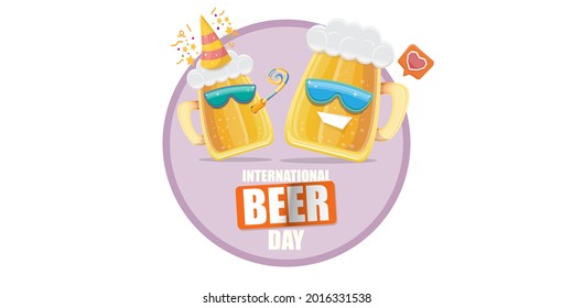 Happy international beer day horizontal banner with cartoon funny beer glass friends characters with sunglasses isolated on white background. International beer day cartoon comic poster
