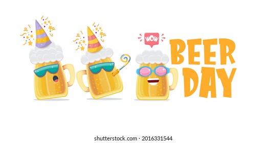 Happy international beer day horizontal banner with cartoon funny beer glass friends characters with sunglasses isolated on white background. International beer day cartoon comic poster