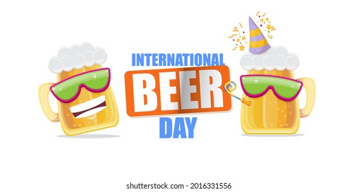 Happy international beer day horizontal banner with cartoon funny beer glass friends characters with sunglasses isolated on white background. International beer day cartoon comic poster