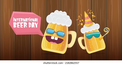Happy international beer day horizontal banner with cartoon funny beer glass friends characters with sunglasses isolated on wooden wall background. International beer day cartoon comic poster, label