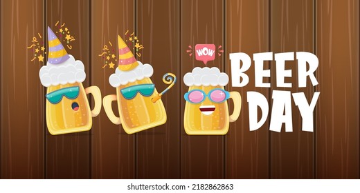 Happy international beer day horizontal banner with cartoon funny beer glass friends characters with sunglasses isolated on wooden wall background. International beer day cartoon comic poster, label