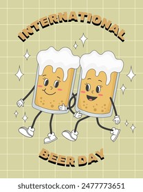 Happy international beer day. Retro groovy beer characters walking. Vintage vector illustration.