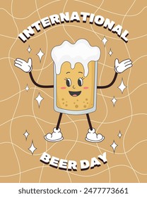 Happy international beer day. Retro groovy beer character. Vintage vector illustration.