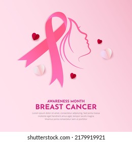Happy International breast cancer day design background with pink ribbon and woman silhouette vector
