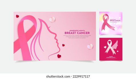 Feliz Día Internacional del Cáncer de Mama Colección de Historias. Diseño del día del cáncer de mama con vector de cinta rosa.