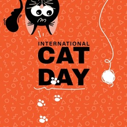 Happy International Cat Day, 8th August. Adopt Me. Greeting Or Invitation Card Vector Design. Cute Playing Cat In Vintage Cartoon Style. Vector Illustration. 