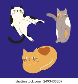 Happy internationale Katzentag Charaktere Design Kollektion. Set von entzückenden Haustieren. Pelzige menschliche Freunde zu Hause Tiere. Flache Vektorillustration. Katzenaufkleber