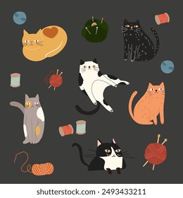 Happy internationale Katzentag Charaktere Design Kollektion. Set von entzückenden Haustieren. Pelzige menschliche Freunde zu Hause Tiere. Flache Vektorillustration. Katzenaufkleber