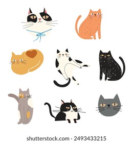 Happy internationale Katzentag Charaktere Design Kollektion. Set von entzückenden Haustieren. Pelzige menschliche Freunde zu Hause Tiere. Flache Vektorillustration. Katzenaufkleber