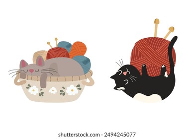 Happy international cat day characters design collection. Set of adorable playful cats. Furry human friends home animals. Threads for knitting. Cozy hobby tools collection