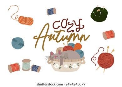 Feliz día internacional del gato personajes diseño colección. Conjunto de gatos adorables y juguetones. Amigos humanos peludos animales domésticos. Hilos para tejer. Acogedora colección de herramientas de hobby