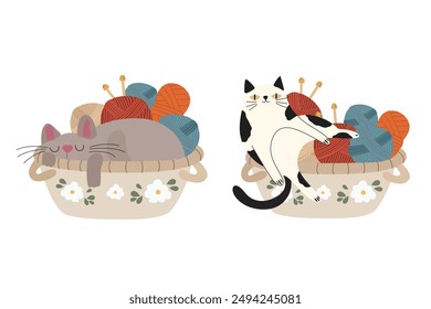 Feliz día internacional del gato personajes diseño colección. Conjunto de gatos adorables y juguetones. Amigos humanos peludos animales domésticos. Hilos para tejer. Acogedora colección de herramientas de hobby