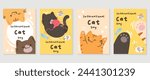 Happy international cat day cover set. Cute cats and funny kitten, paw foot design collection with flat color in different poses. Adorable pet animals illustration for international cat day.